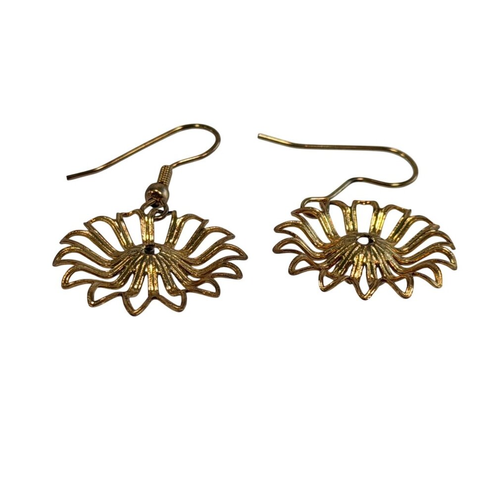 Vintage Gold Tone Sunburst SunFlower Necklace & Earring Set Filigree Statement - Picture 3 of 6